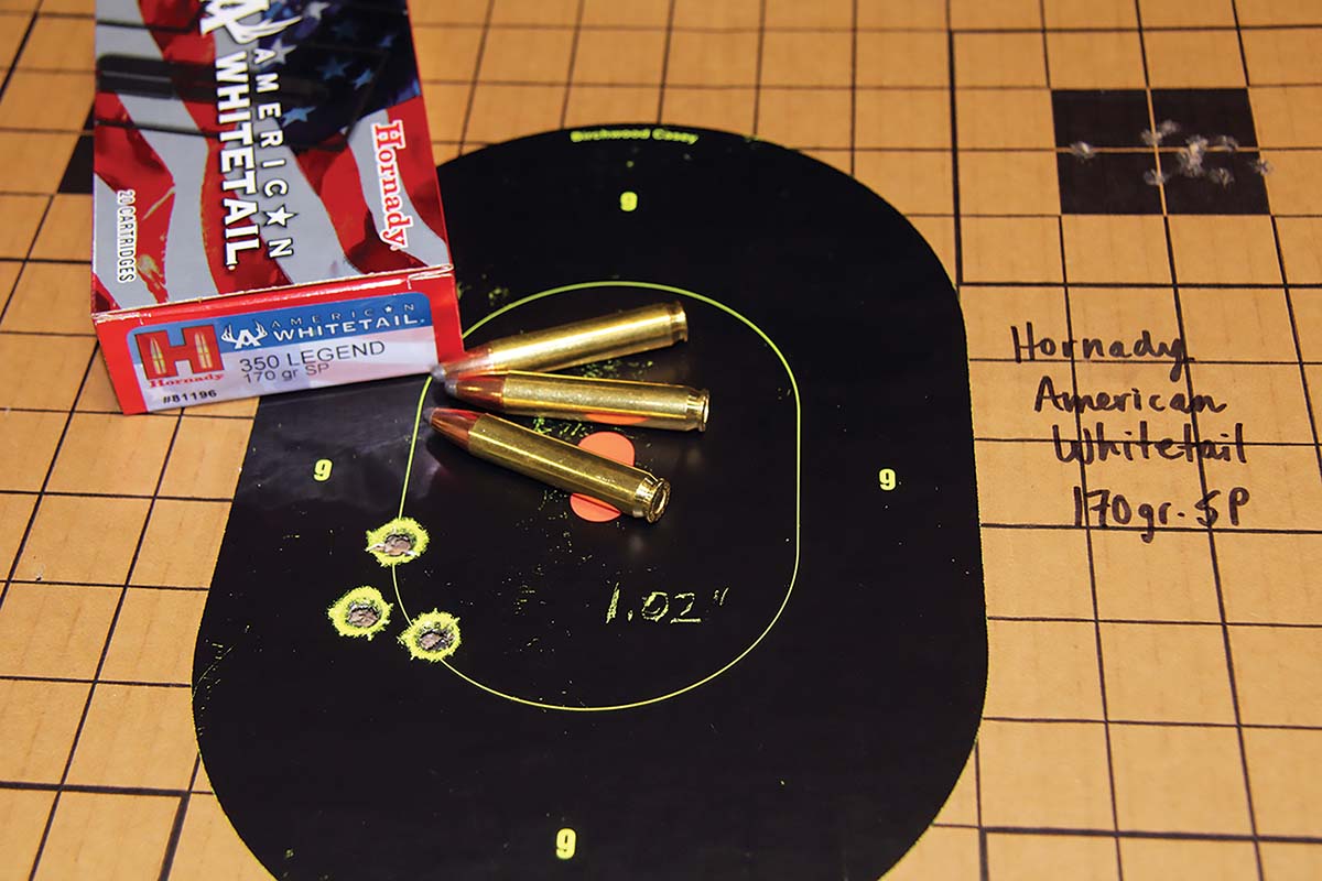 The best factory-ammunition group was created by Hornady’s American Whitetail 170-grain SP loads. That group measured 1.02 inches center to center and was sent at 2,259 fps.